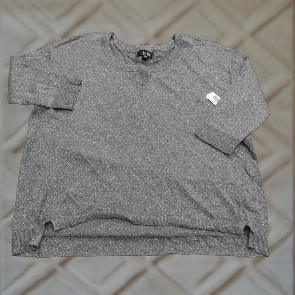 Vintage A.N.A. A New Approach Sweater Womens PL Gray Metallic Crew Neck Pullover NWT Knit Cotton Polyester Glitter All Seasons Regular Petite Womens Sweater Size L / US 10 / IT 46 - 1 Thumbnail