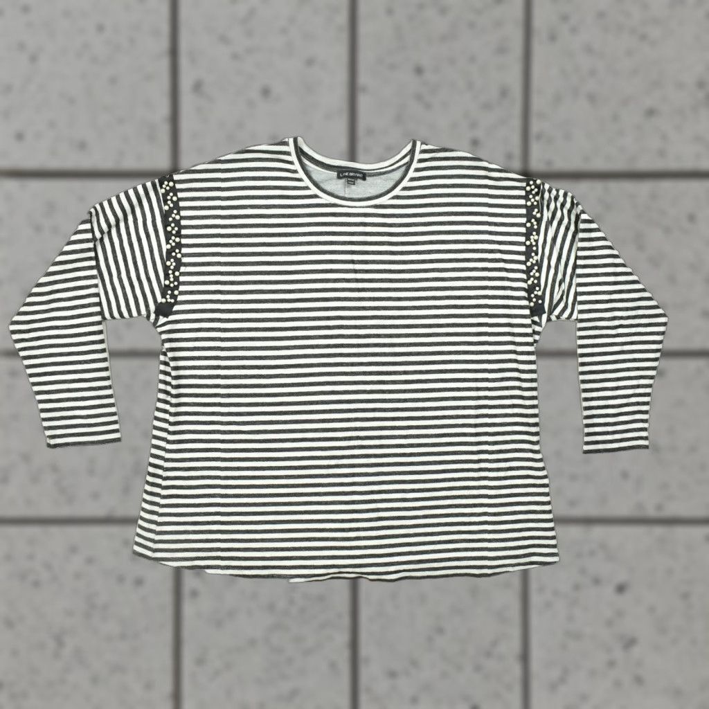Vintage Lane Bryant Women Top Striped Long Sleeve Gray White Faux Pearl Shoulder 28 Plus D Womens Size 4XL / US 24-26 - 1 Thumbnail