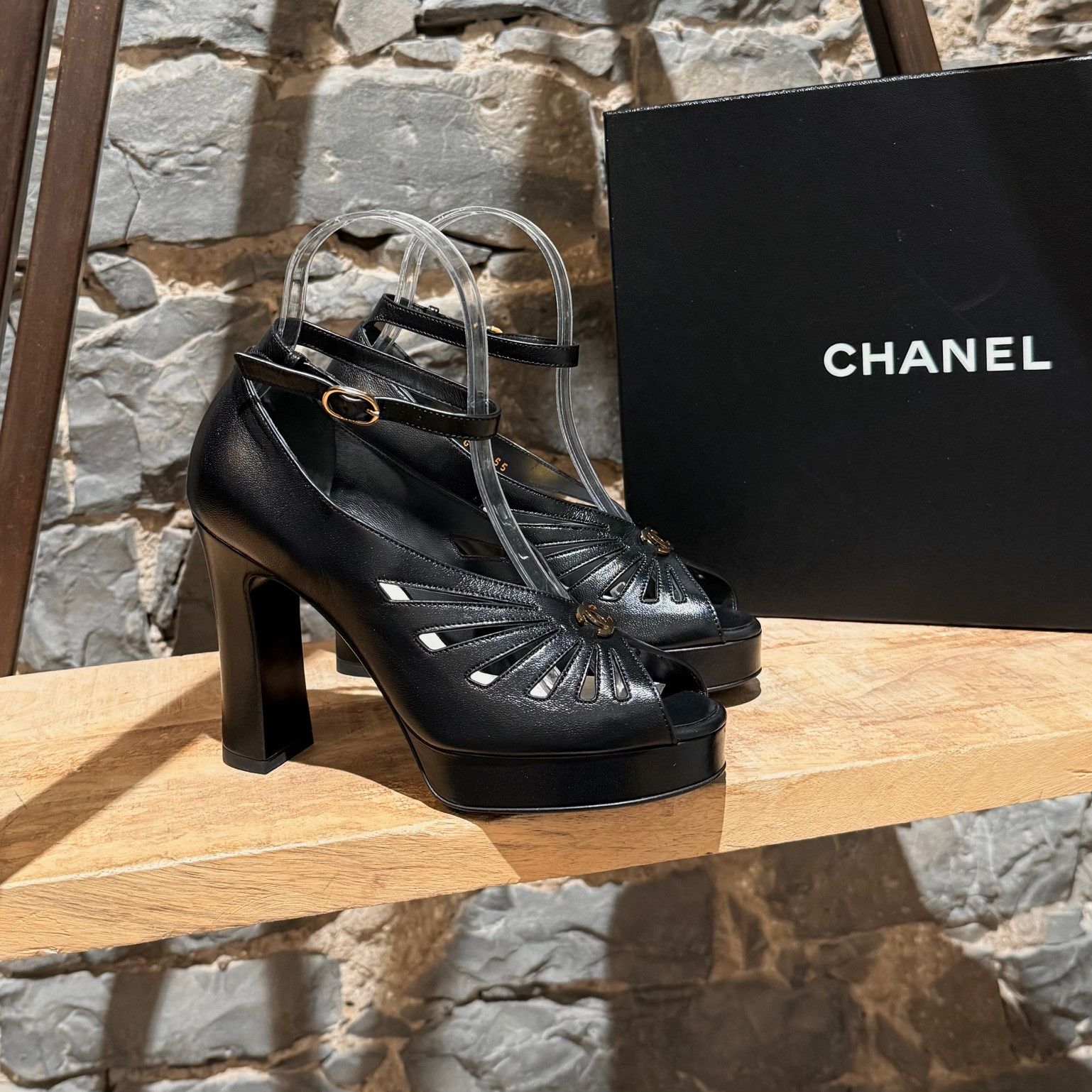 Chanel Chanel 2024 Black Platform Cut Out CC Open Toe Pumps Size US 6 / IT 36 - 1 Thumbnail