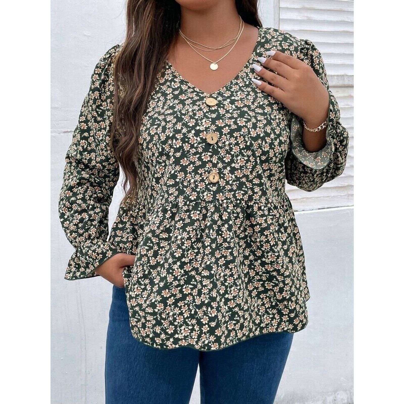 Shein SHEIN LUNE Plus Ditsy Print Flounce Sleeve, Peplum Blouse 3X Size 3XL / US 20-22 - 1 Thumbnail