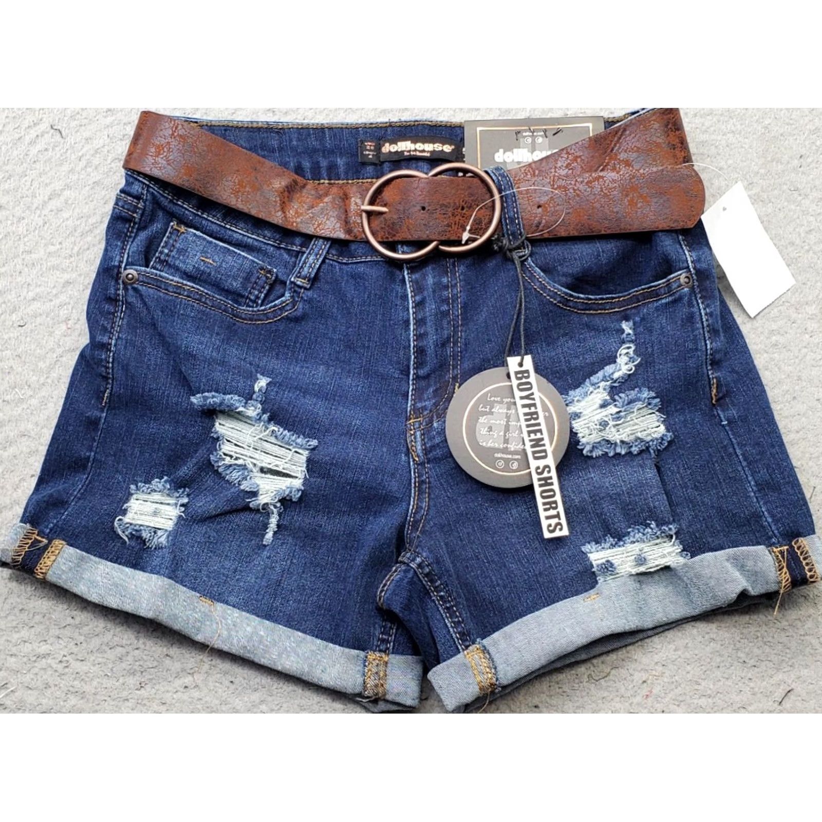 Vintage Dollhouse Chino Shorts Women's 28 Blue Denim Distressed Cuffed Hem Belted Waist Denim Shorts Womens 28 Blue Dollhouse DOLLHOUSE Size 28" / US 6 / IT 42 - 2 Thumbnail