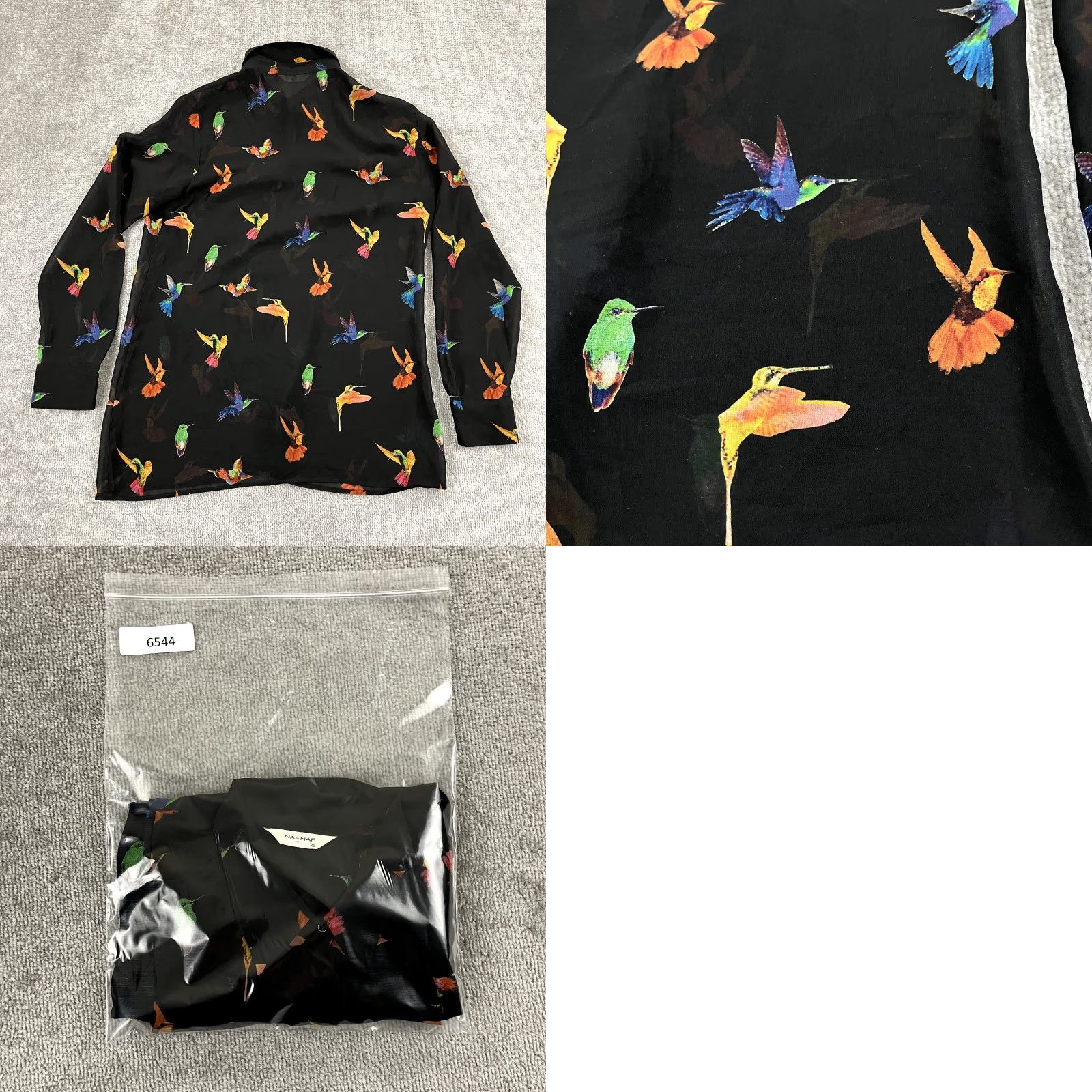 Vintage NAF NAF Shirt Womens 40 Black Sheer Hummingbird Button Up Vintage Paris 80s Womens Shirt Black Silk Blend Vintage Paris 80s Size S / US 4 / IT 40 - 8 Thumbnail