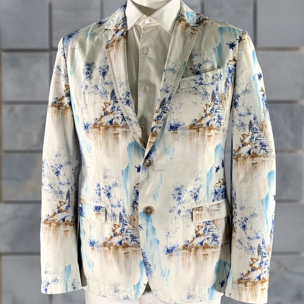 Dolce & Gabbana D&G by DOLCE & GABBANA Sport Coat 44 White Blue Brown Tropical Print Cotton Notch Lapel Men Blazer Size 44R - 1 Thumbnail