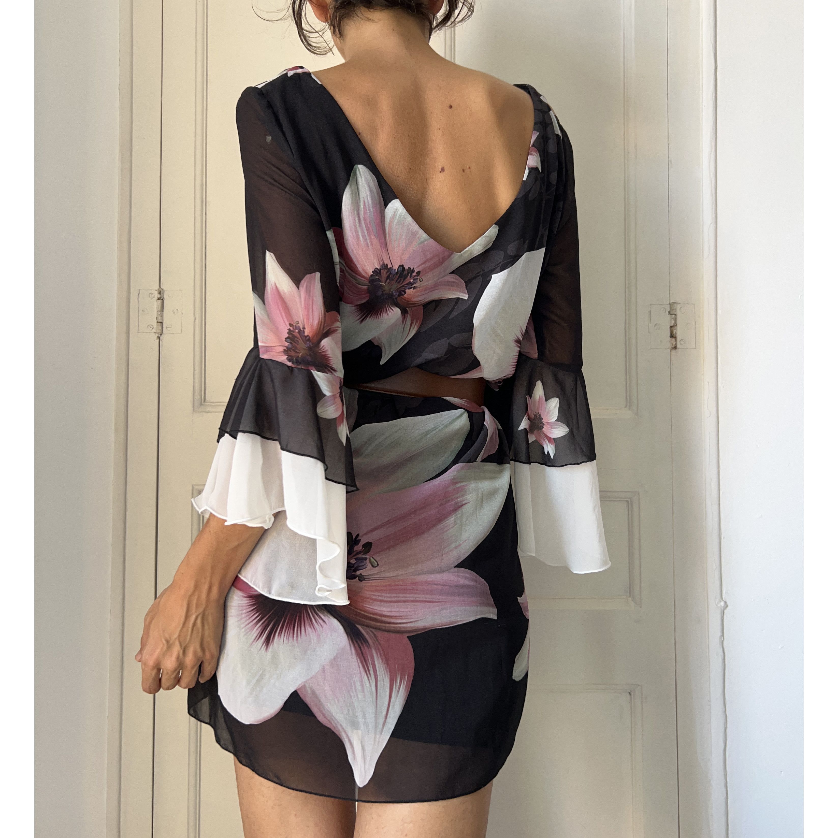 Vintage Vintage y2k ruffle sleeves black floral dress Size M / US 6-8 / IT 42-44 - 3 Thumbnail