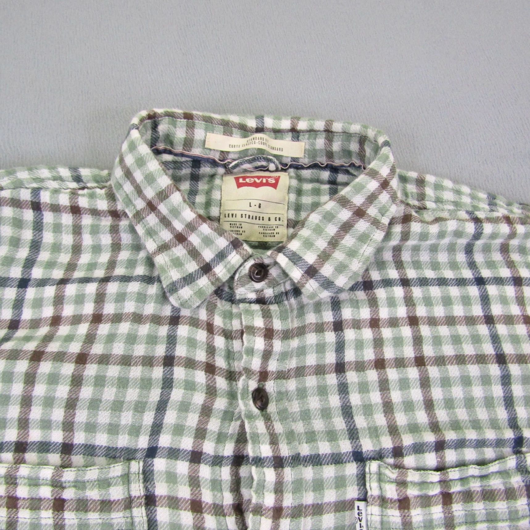 Levi's Levis Shirt Mens Large Green Brown White Tab Check Flannel Button Up Regular Fit Size US L / EU 52-54 / 3 - 2 Thumbnail