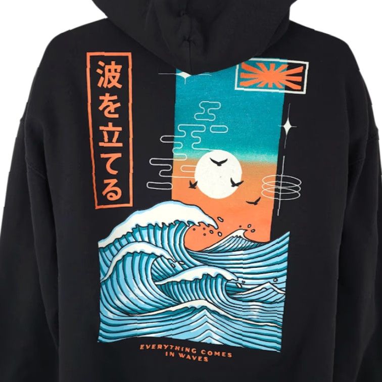 Vintage Bowery Japanese Ocean Waves Sweatshirt Hoodie Mens XL Black Pullover Size US XL / EU 56 / 4 - 2 Thumbnail
