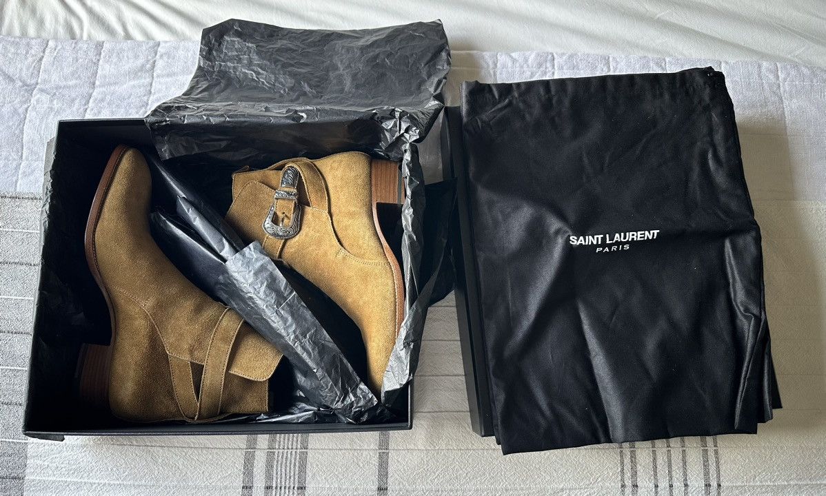 image of Hedi Slimane x Saint Laurent Paris YSL Mens Suede Hedi Western Buckle Ankle Boots 41 Tan in Brown (