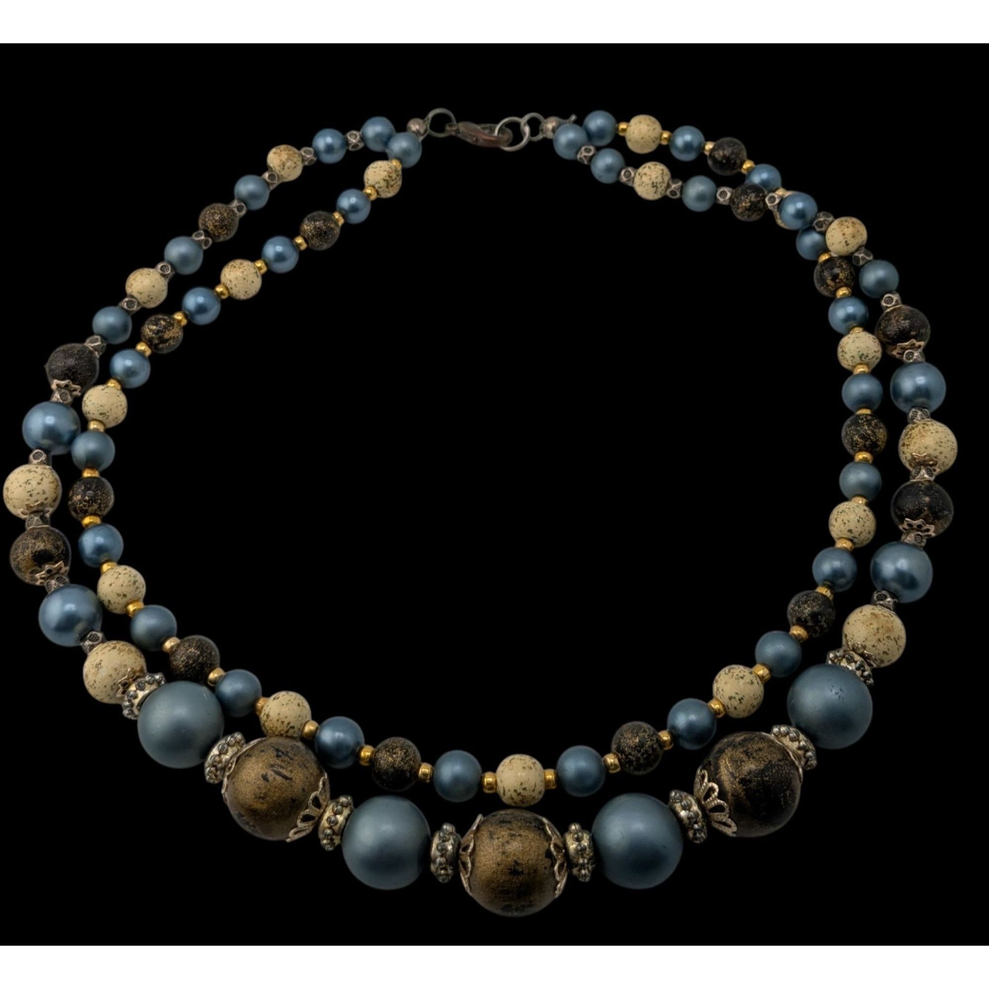 Handmade Vintage Handmade Blue Cream And Gold Double-Strand Beaded Ne Size ONE SIZE - 2 Thumbnail