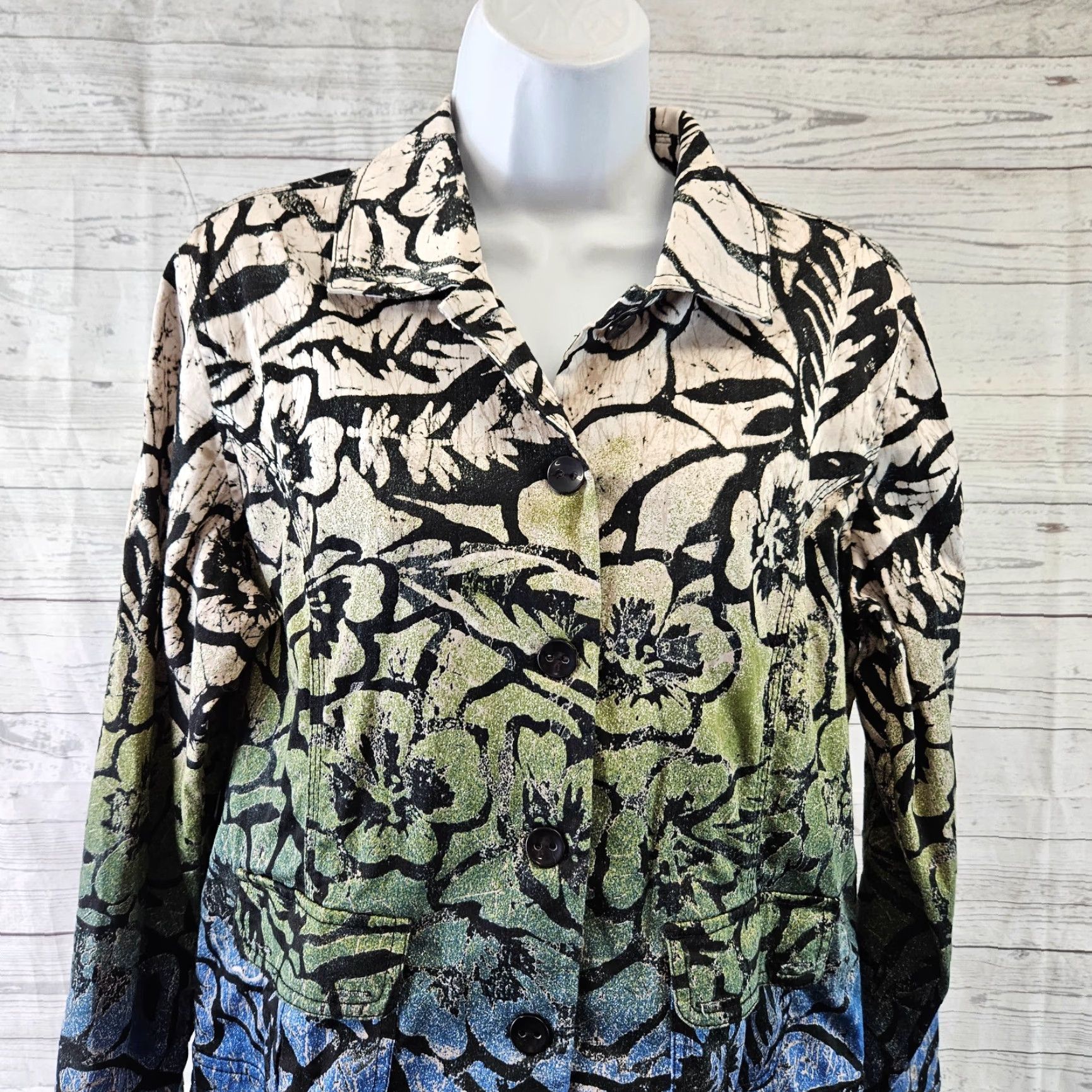 Vintage Chico's Women Jacket L Blue Floral Cotton Button Front Long Sleeve Size L / US 10 / IT 46 - 2 Thumbnail
