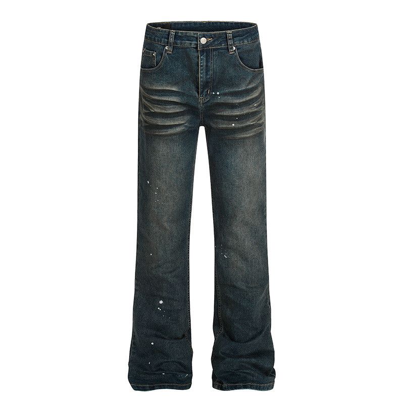 Washed men's distressed splatter street flared jeans