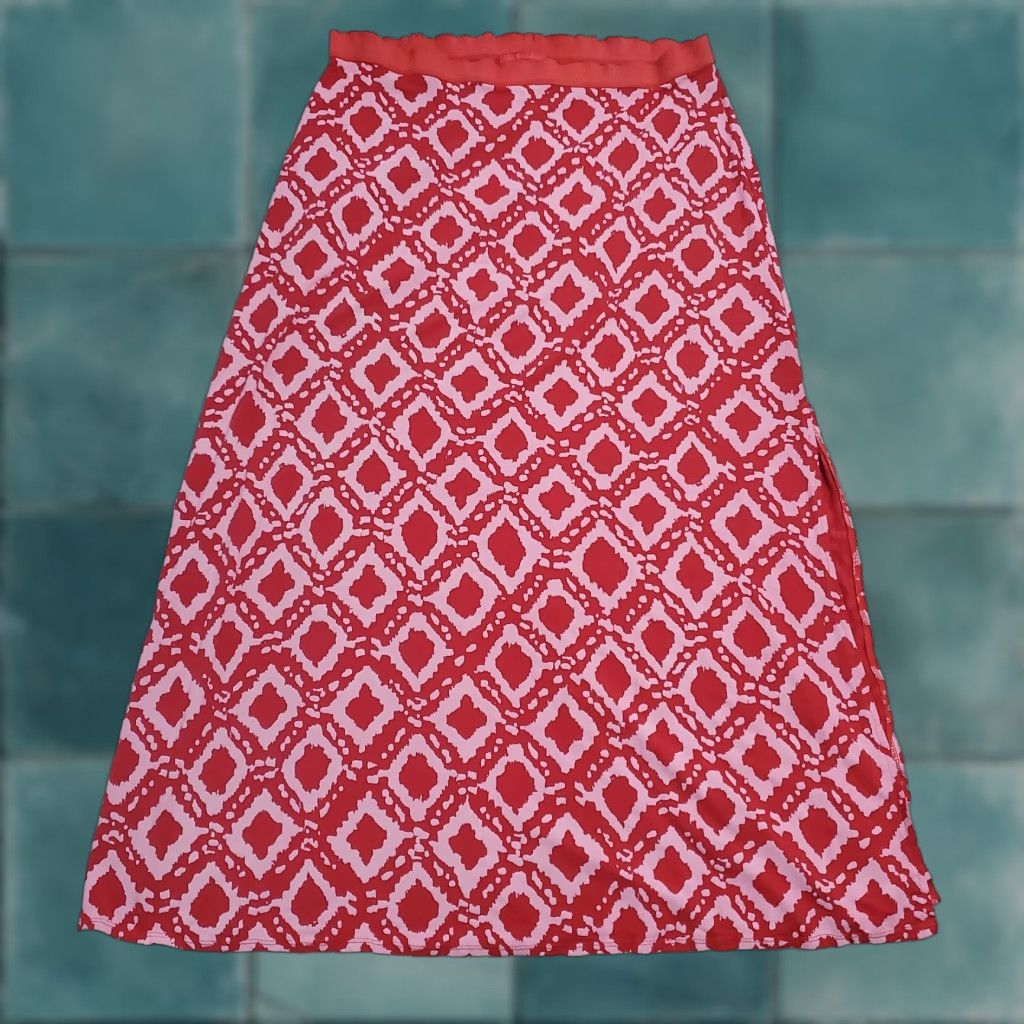 Pinko VINTAGE Fresh Produce Maxi Skirt Women XL Red Pink Geo Print Pull On Side Slit Boho USA Size 40" / US 18 - 1 Thumbnail