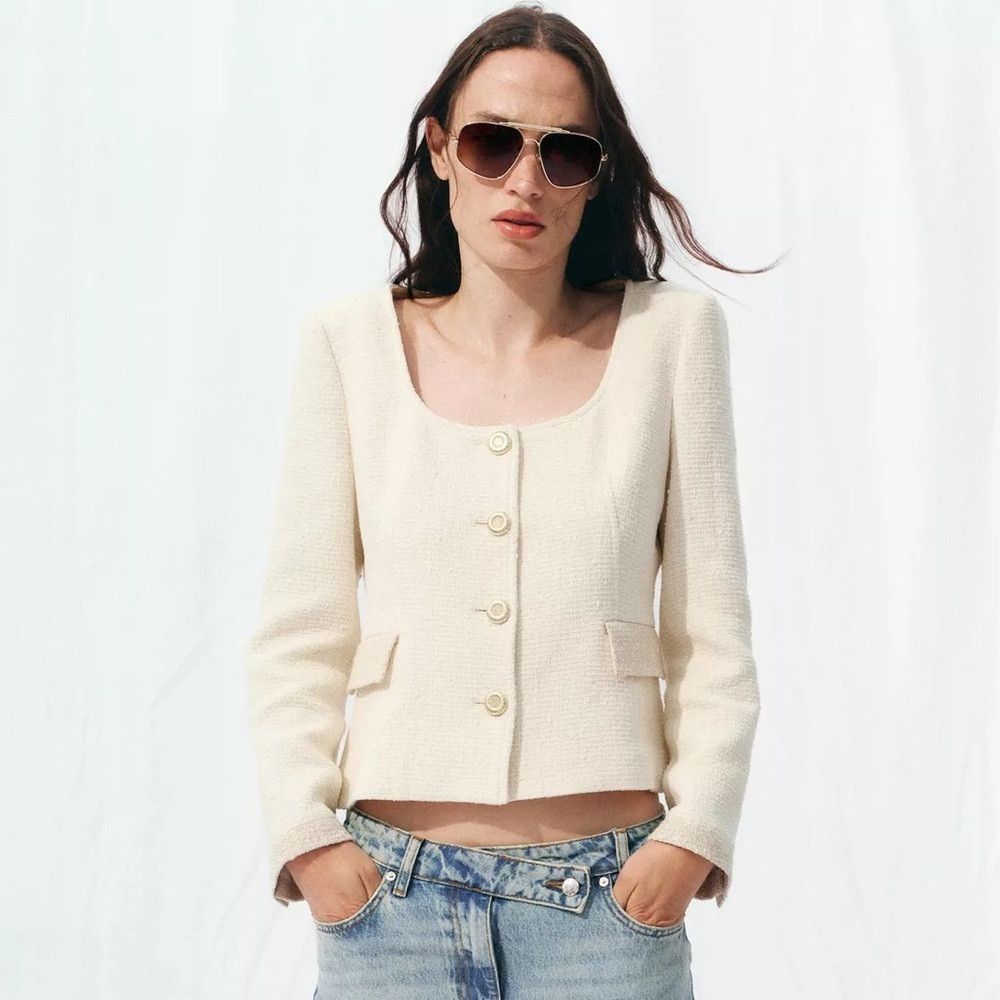 Zara ZARA ROUND NECK TEXTURED BLAZER SIZE L Size L / US 10 / IT 46 - 1 Thumbnail
