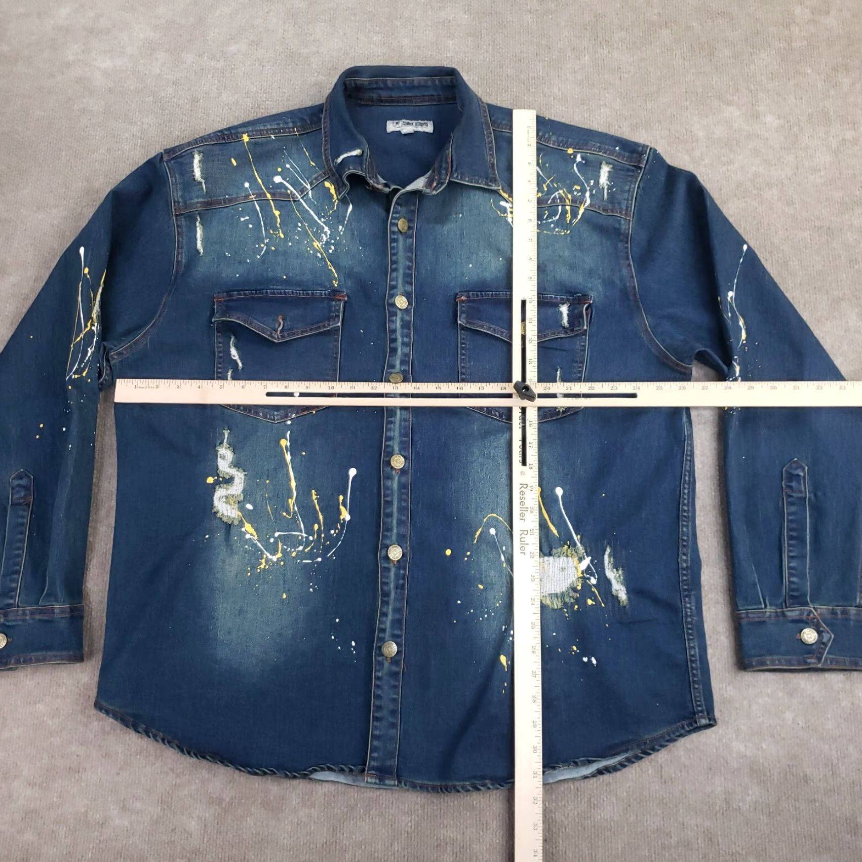 Stacy Adams Stacy Adams Jean Jacket Mens 3XL Blue Pockets Stretch Distressed Paint Splatter Denim Cotton Blend Jacket 3XL Blue Stacy Adams Mens Jacket Jeans Size US 39 - 2 Thumbnail