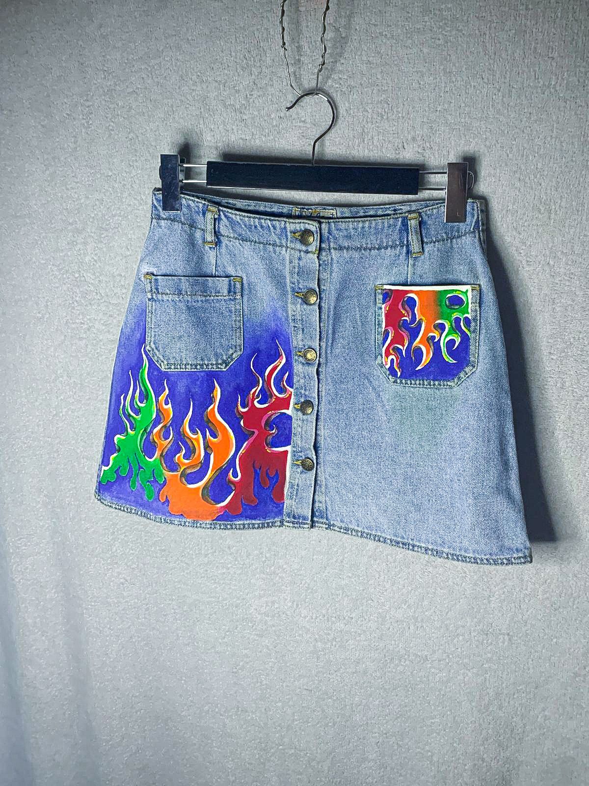 Handmade × Vintage Mini skirt fire flame art handmade Size 26" / US 2 / IT 38 - 1 Thumbnail