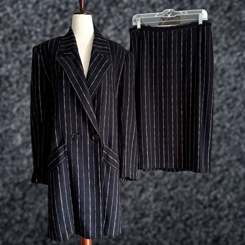 Vintage VINTAGE Lilli Ann Adolph Schuman Tweed Jacket Skirt Suit Black White Stripe L Size 36" / US 14 / IT 50 - 1 Thumbnail