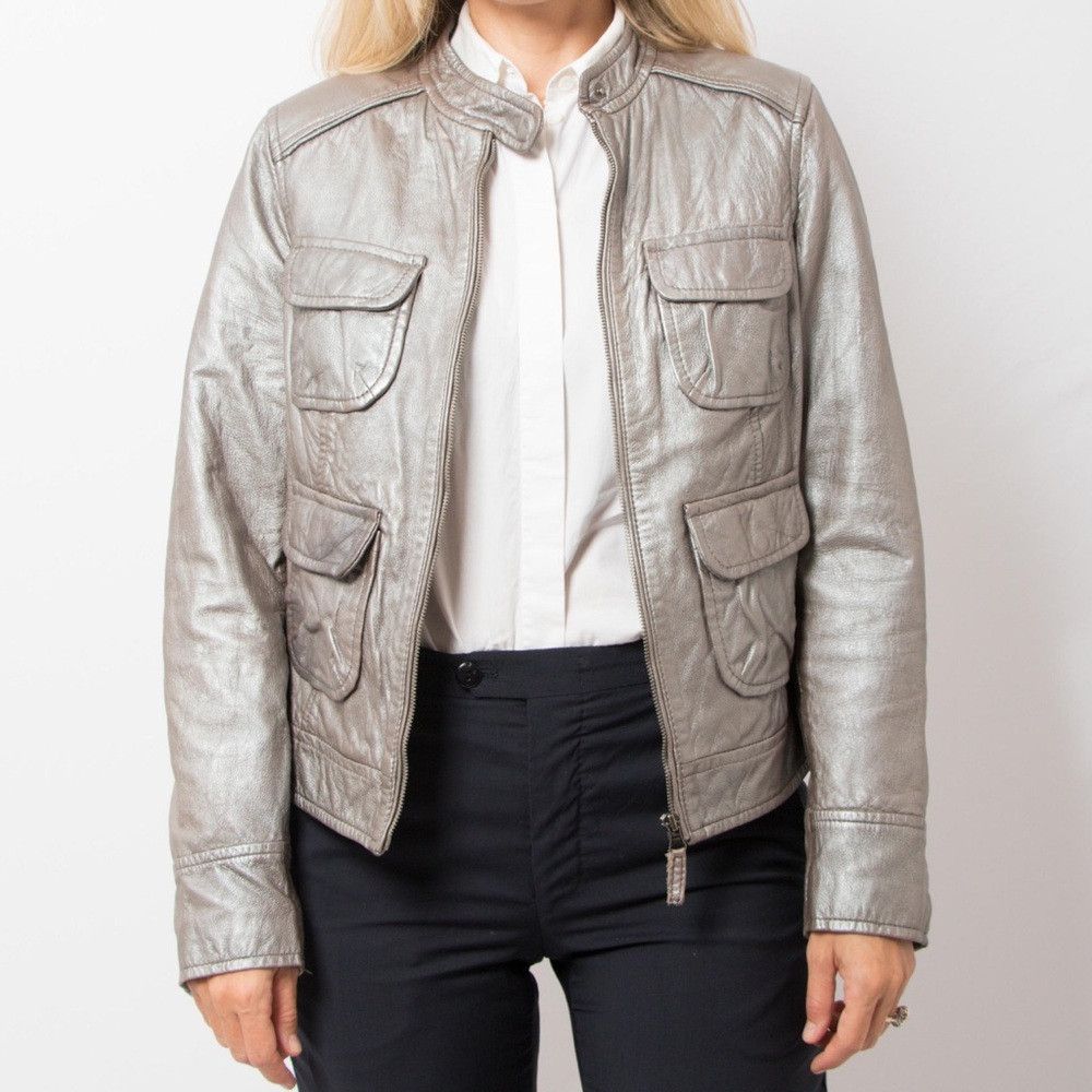 BODEN Vintage 90s Y2K Silver Metallic Leather Jacket Racing