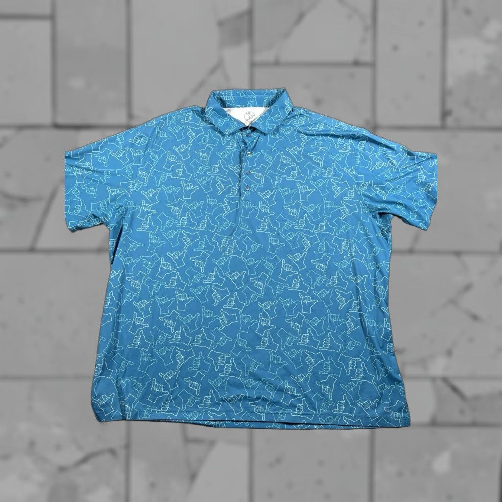 Five Birdies Polo Shirt Mens 3XL Golf Teal Blue Geometric Shaka Hang Loose Sign Casual Activewear Business Wedding Outdoors Logo Preppy