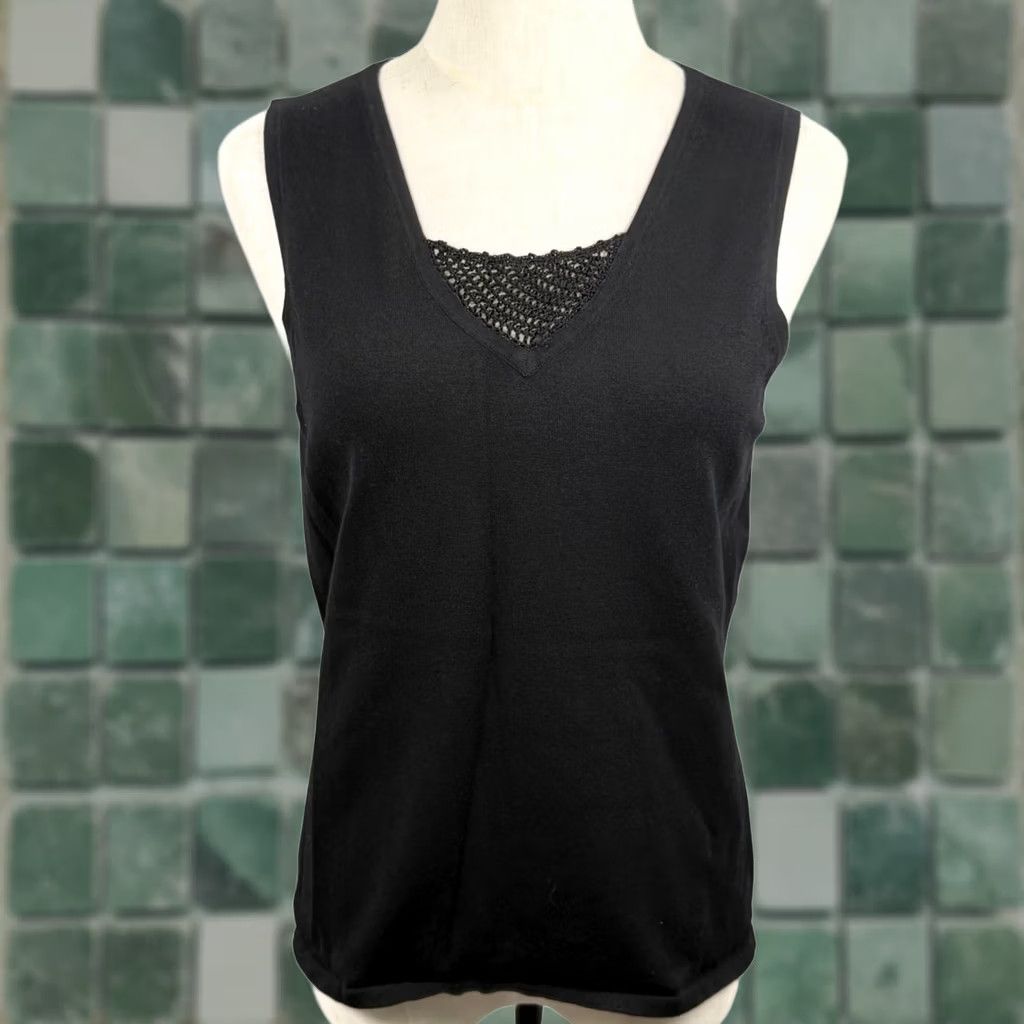Vintage Pointelle Tank Top L Women Black Silk Blend Lace V-Neck Knit Shell Minimalist Tank Top Size L / US 10 / IT 46 - 1 Thumbnail
