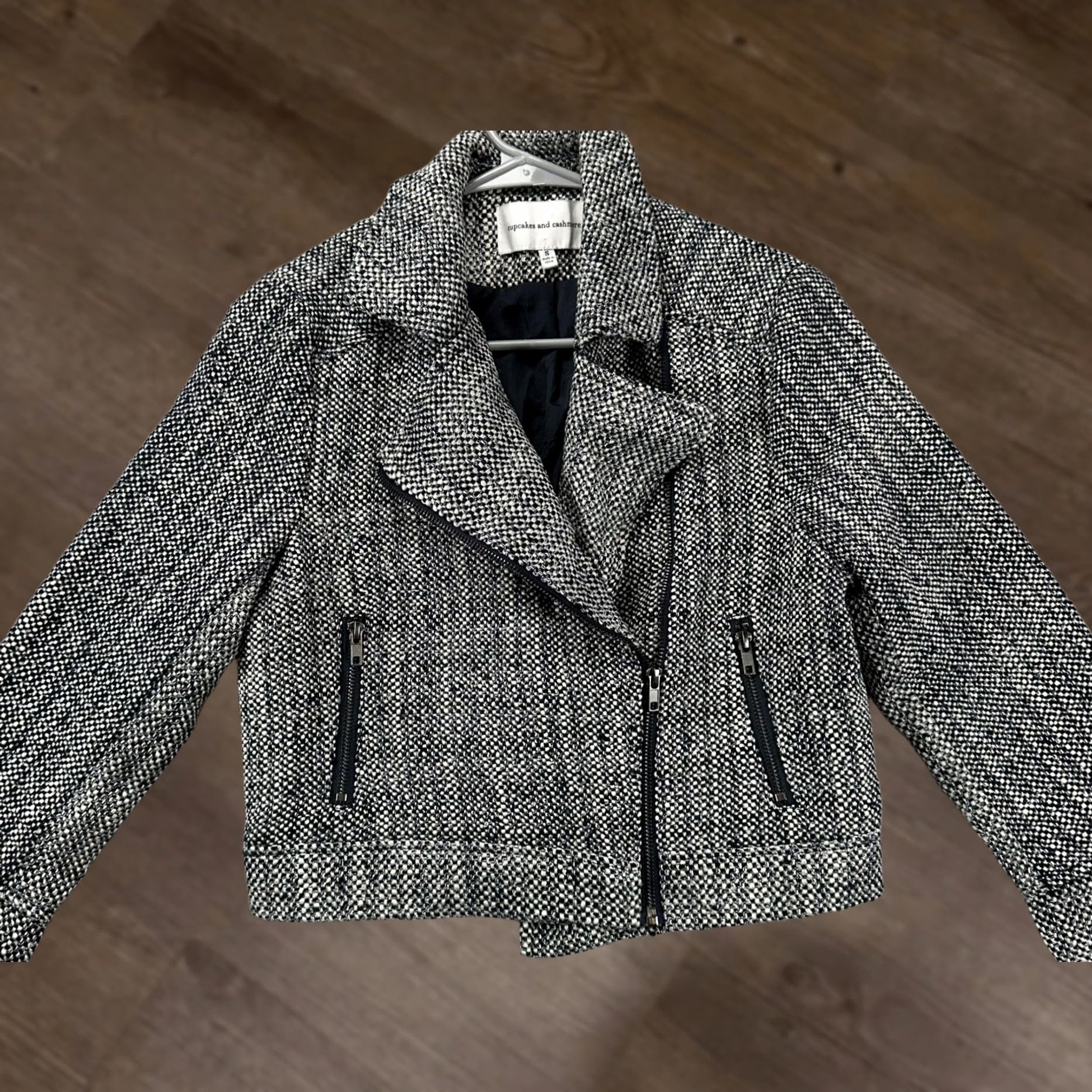 Vintage Cupcakes and Cashmere Jacket Womens Small Black White Wool Blend Tweed Moto Ladies Size S / US 4 / IT 40 - 1 Thumbnail