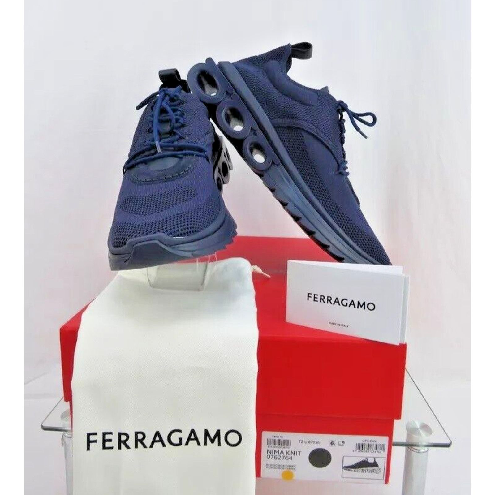 Salvatore Ferragamo FERRAGAMO DARK BLUE NIMA LEATHER MESH LOGO SNEAKERS 12 45 Size US 12 / EU 45 - 14 Thumbnail
