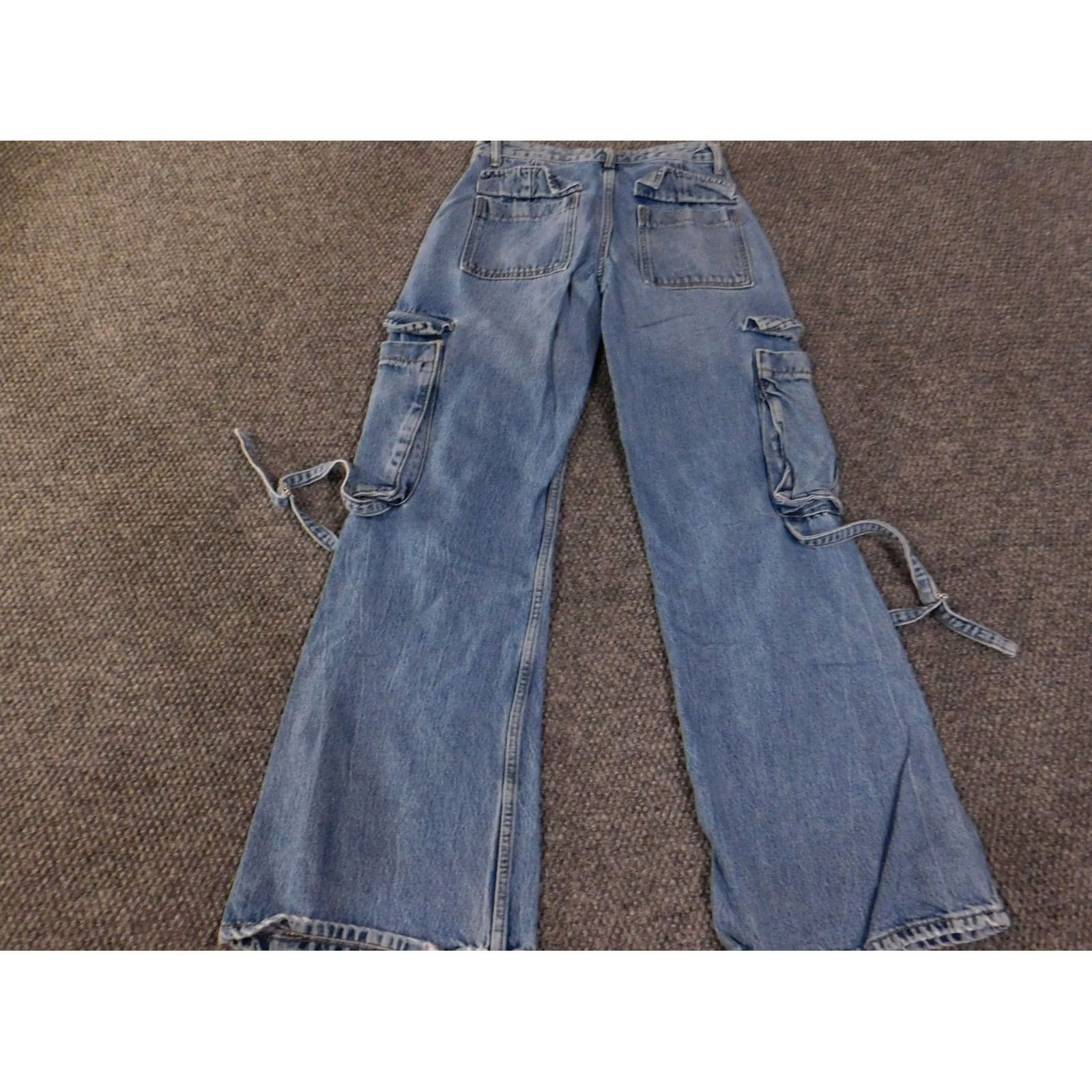 Zara Zara Jeans Womens 0 Blue Cargo Wide-Leg Denim Pocket Zipper Pockets Distressed 31in Inseam Size 25" / US 0 / IT 36 - 7 Thumbnail