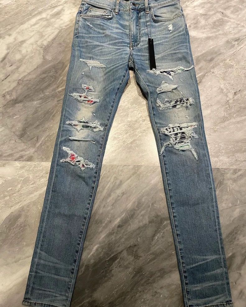 Amiri Amiri Blue Watercolor Washed Leather and Patchwork Thrash Size US 31 - 1 Thumbnail