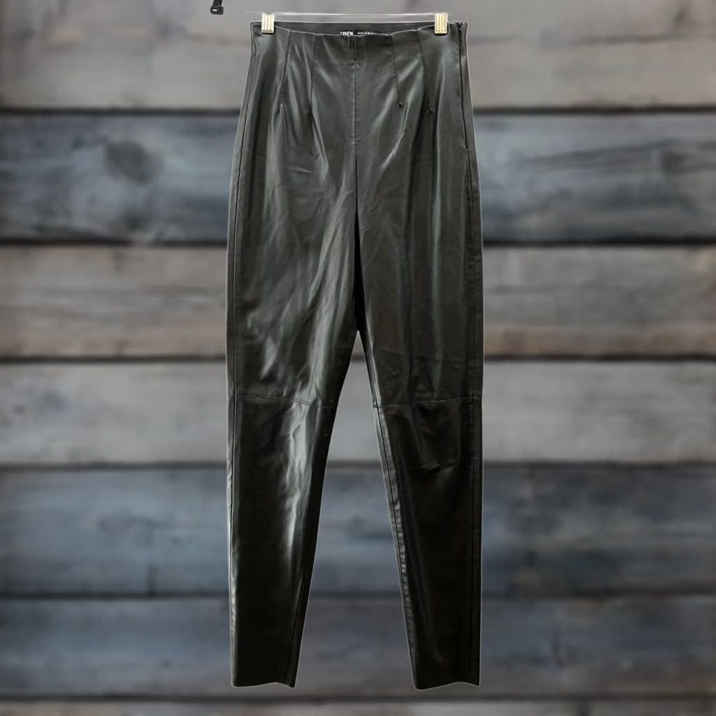 Zara Zara High Waisted Leather Pants Womens XS Black Pleated Front Skinny Legging Size 26" / US 2 / IT 38 - 1 Thumbnail