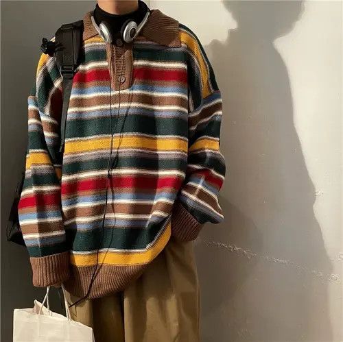 Japanese Brand Rainbow striped turtleneck sweater Size US L / EU 52-54 / 3 - 7 Thumbnail