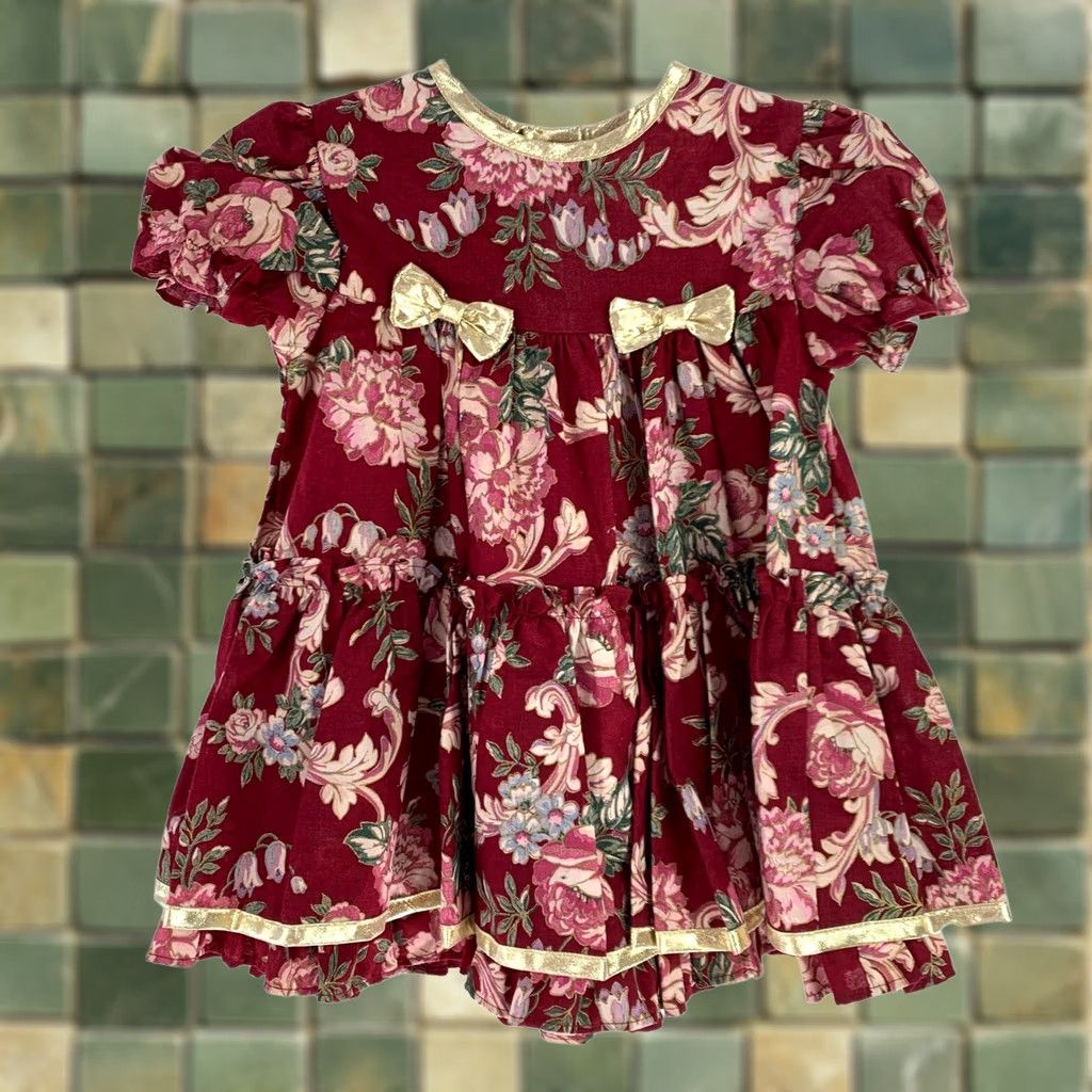 Vintage VINTAGE Jo Lene Burgundy Floral Metallic Gold Dress Girls 24 Months 1990s Size ONE SIZE - 1 Thumbnail