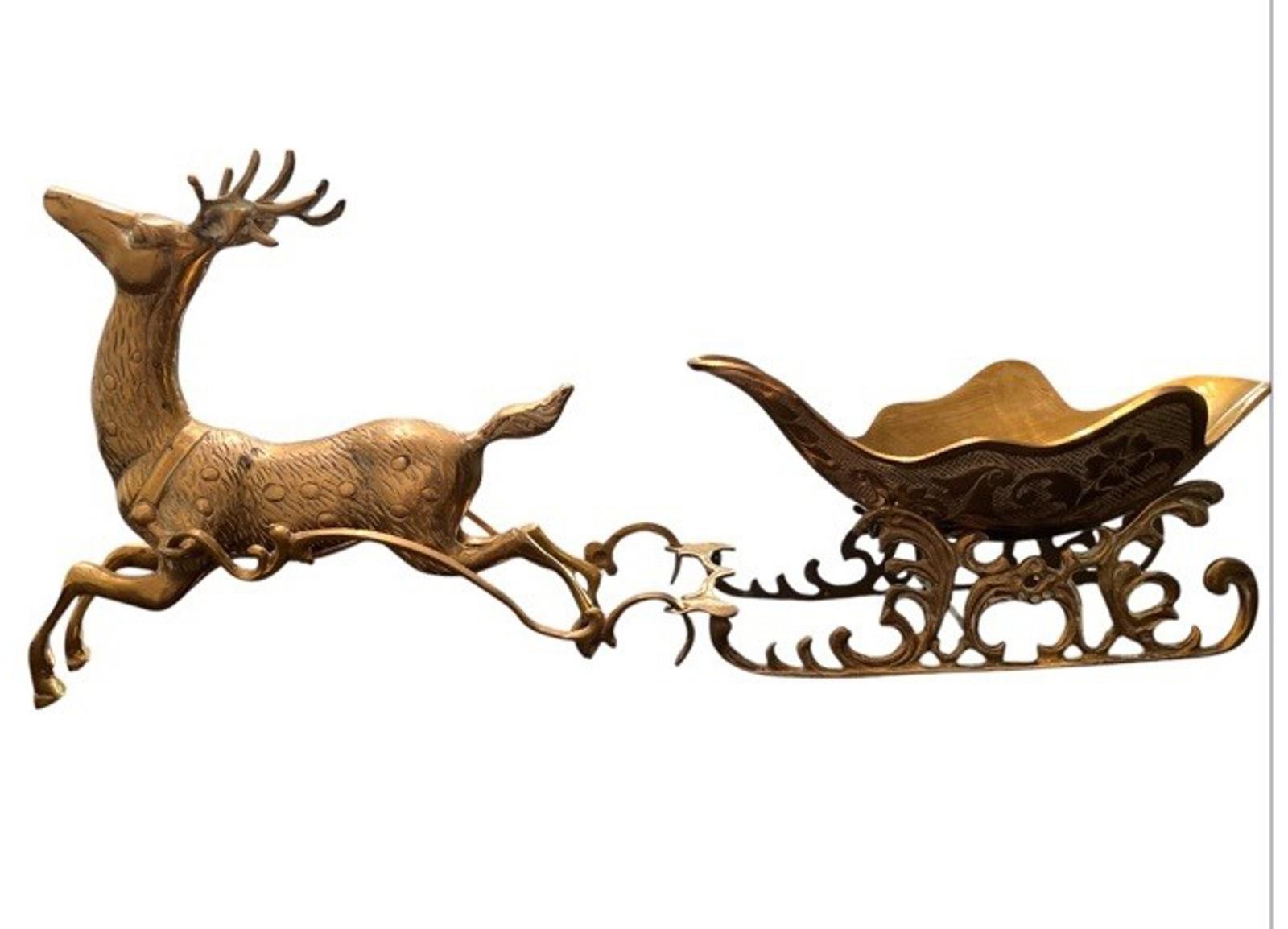 Designer Large Solid Brass Reindeer and Sleigh Holiday Decor Size ONE SIZE - 1 Thumbnail