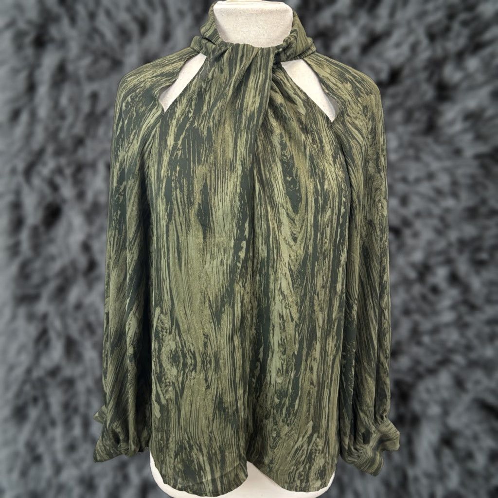 Halston Halston Blouse Shirt M Women’s Green Swirl Balloon Sleeve Cutouts Size M / US 6-8 / IT 42-44 - 1 Thumbnail
