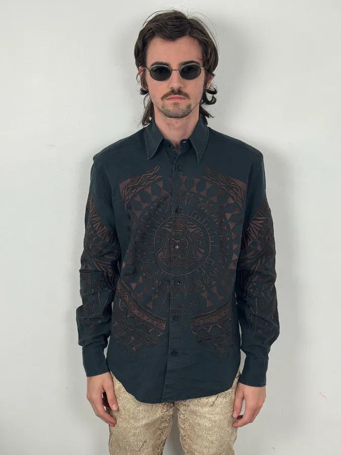 Roberto Cavalli Roberto Cavalli Black & Brown Crop Circle Embroidered Shirt Size US M / EU 48-50 / 2 - 2 Thumbnail