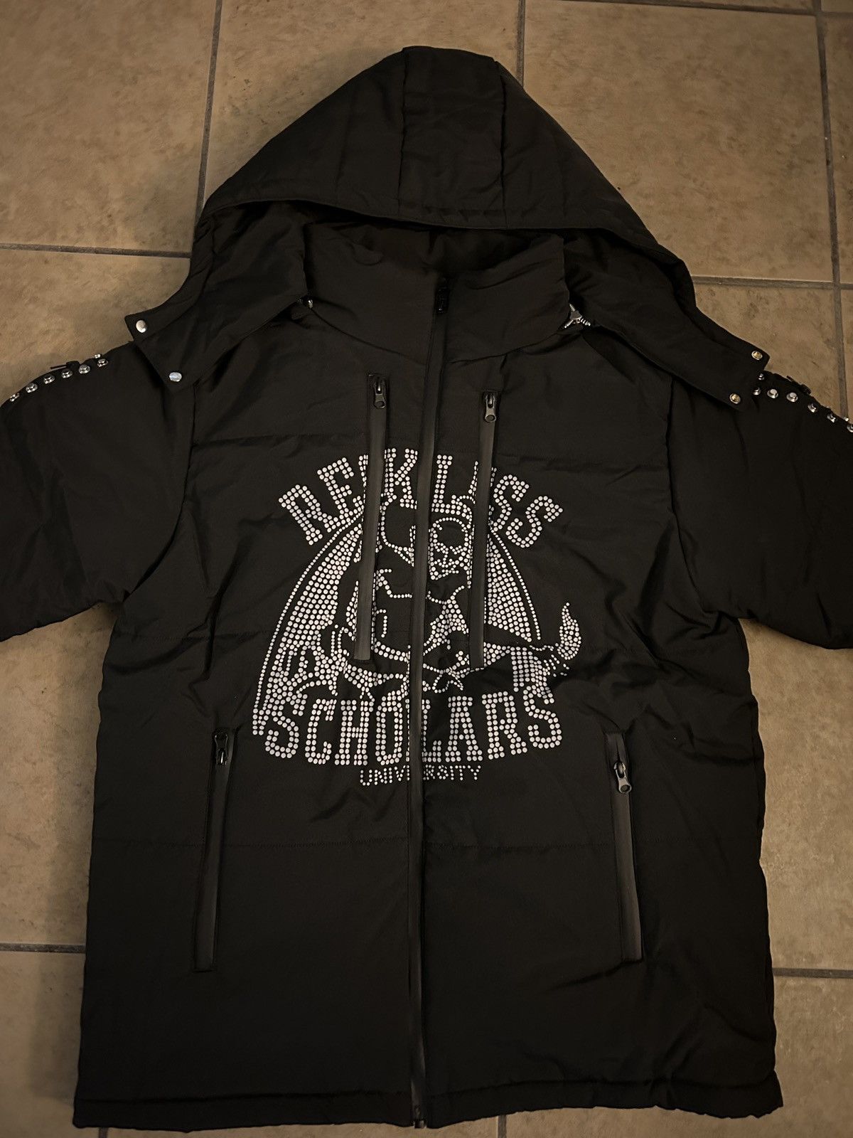 image of Elykong Reckless Scholar Studded Puffer Jacket in Black, Men's (Size Medium)