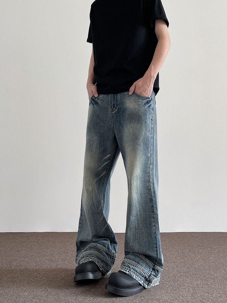 Blue Stacked Denim Jeans Flared Baggy Jeans