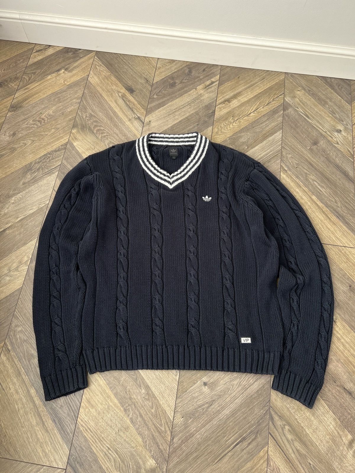 Adidas Vintage Adidas Cable Knit Sweater Navy V-Neck Logo Retro Size US XL / EU 56 / 4 - 1 Thumbnail