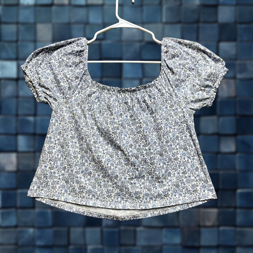 American Eagle Outfitters American Eagle Blouse Womens M Blue White Floral Print Puff Sleeve Square Neck Y2K Cottage Fairy Size M / US 6-8 / IT 42-44 - 1 Thumbnail