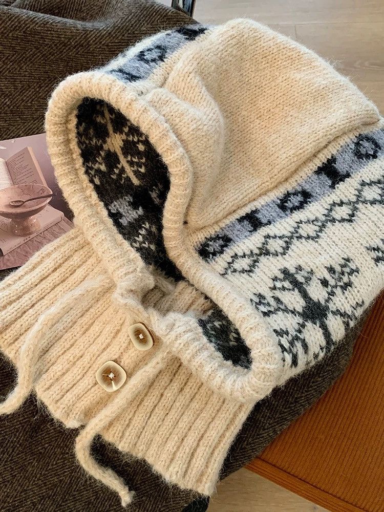 Japanese Brand Outdoor retro vintage y2k snowflake knit hooded cowl scarf Size ONE SIZE - 4 Thumbnail