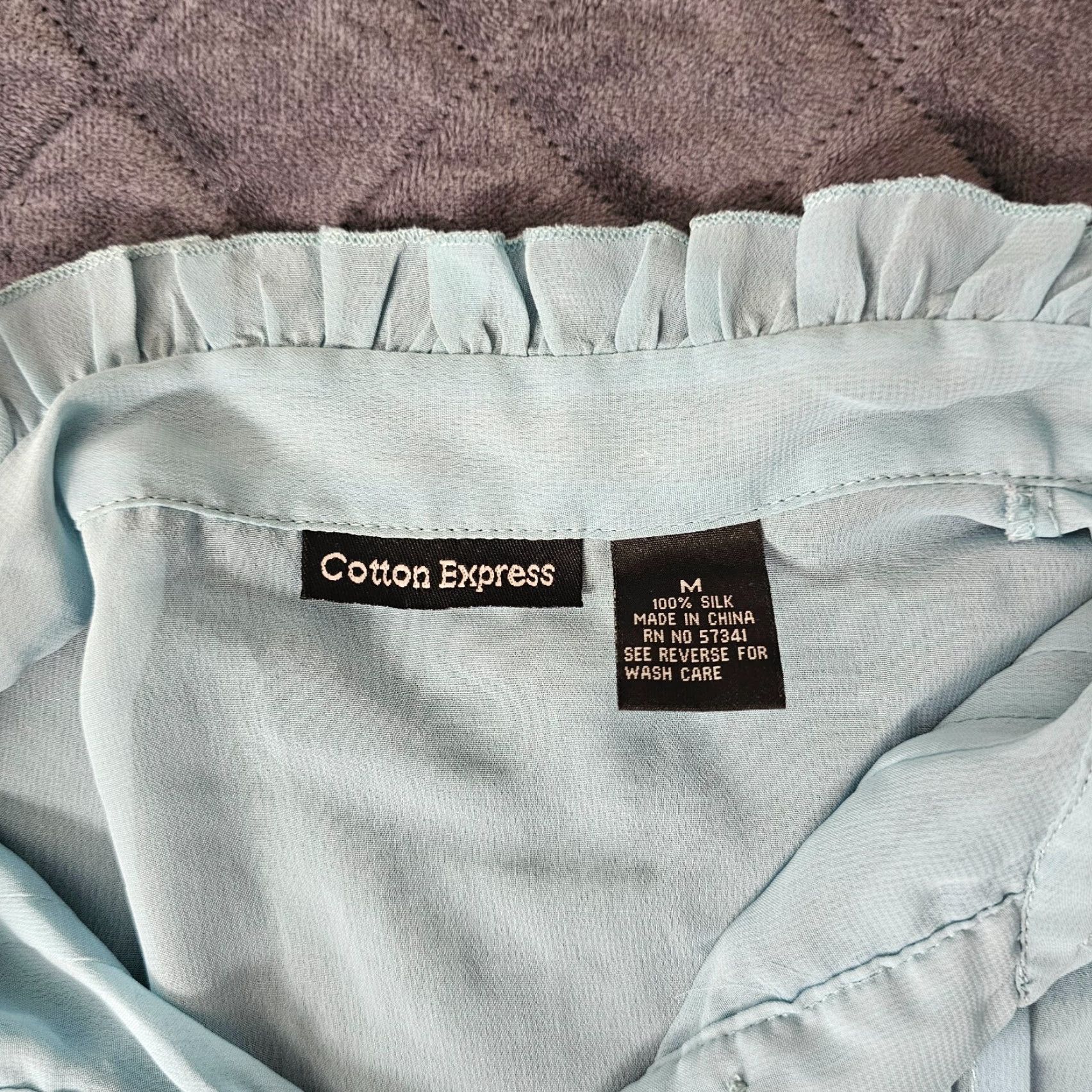 Express VINTAGE Cotton Express Blouse Button Shirt Blue Silk Ruffled Short Sleeve M 80s Womens Size M / US 6-8 / IT 42-44 - 2 Thumbnail