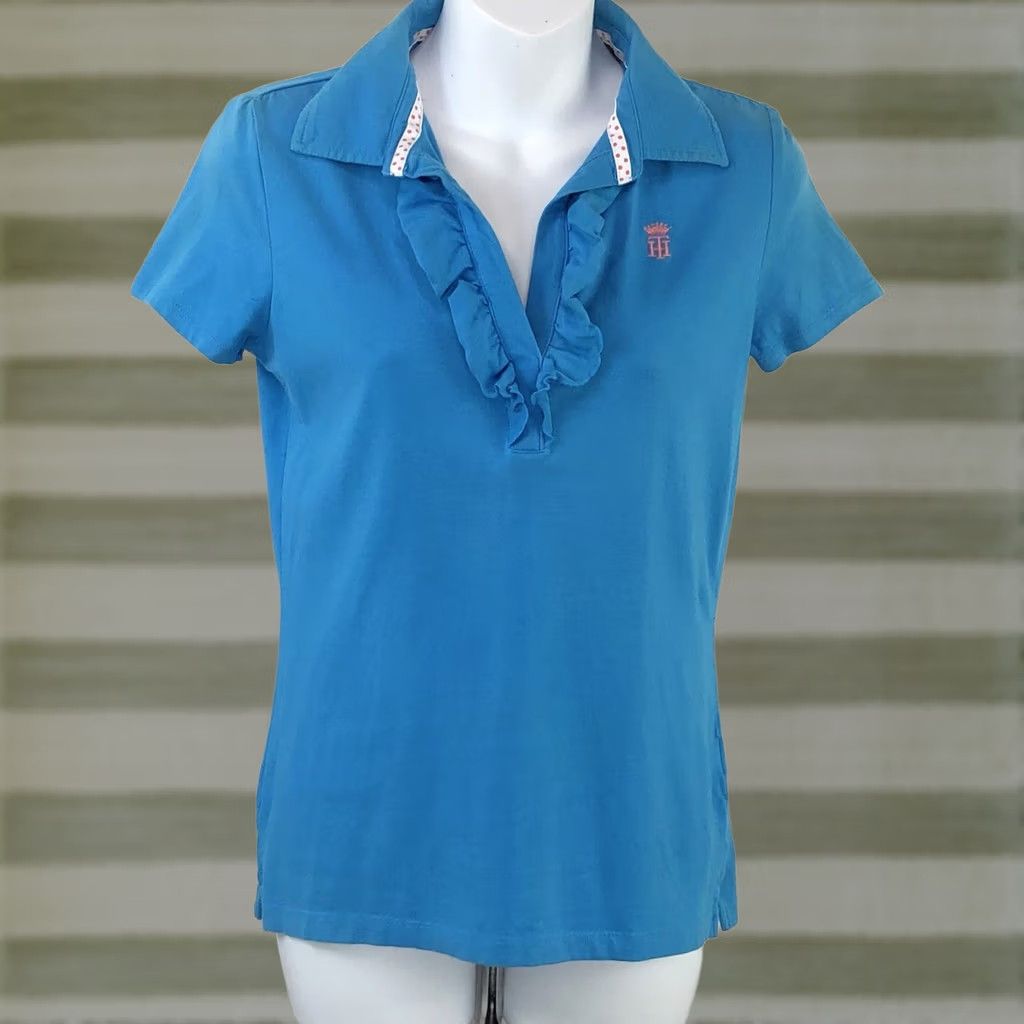 Tommy Hilfiger Vintage Tommy Hilfiger Polo Top XS Blue Ruffle V-Neck Short Sleeve Y2k 2000s Preppy Size XS / US 0-2 / IT 36-38 - 1 Thumbnail