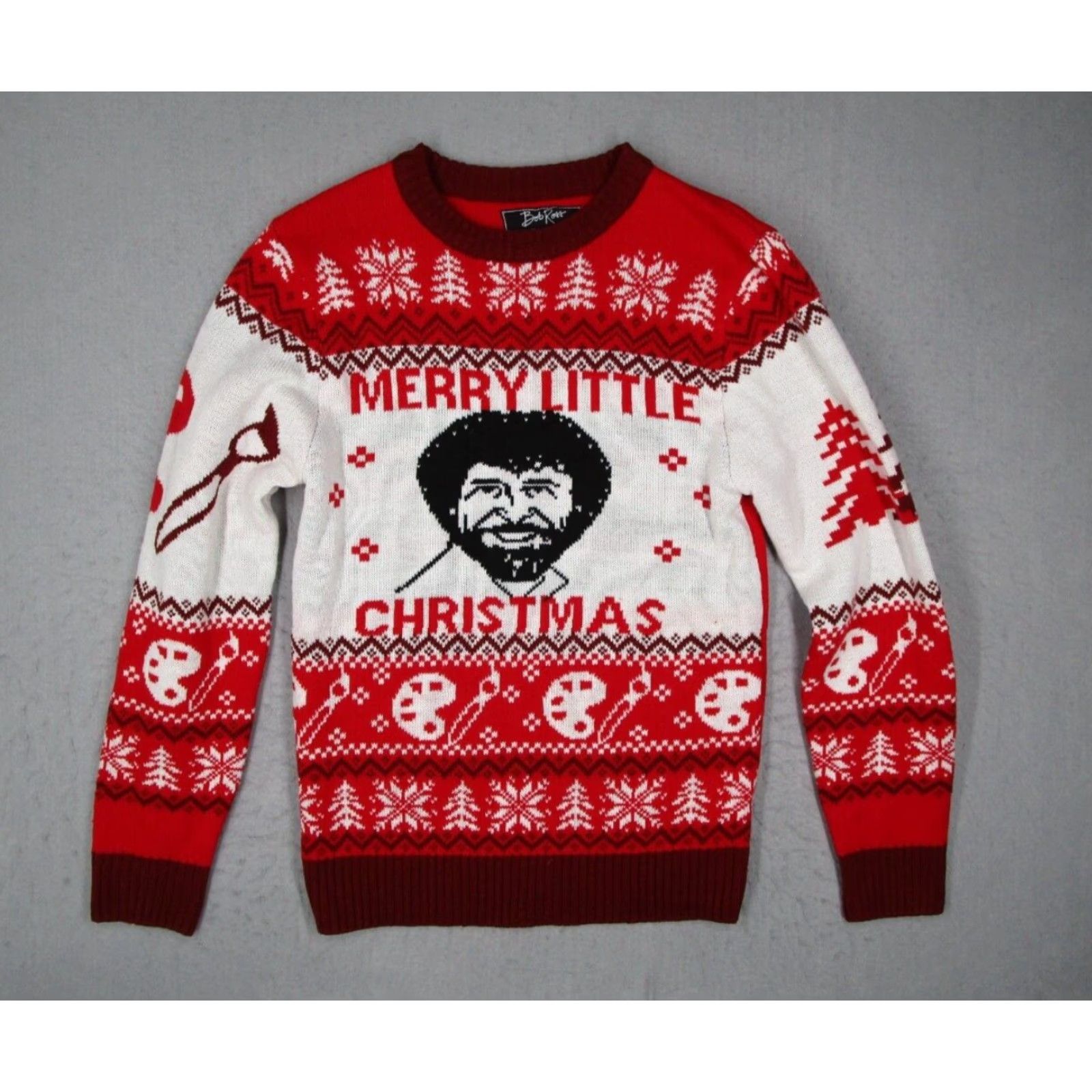 Vintage Bob Ross Mens Small Red Merry Little Christmas Crew Neck Pullover Sweater - 100% acrylic - All Seasons - Holiday Gift Size US S / EU 44-46 / 1 - 2 Thumbnail