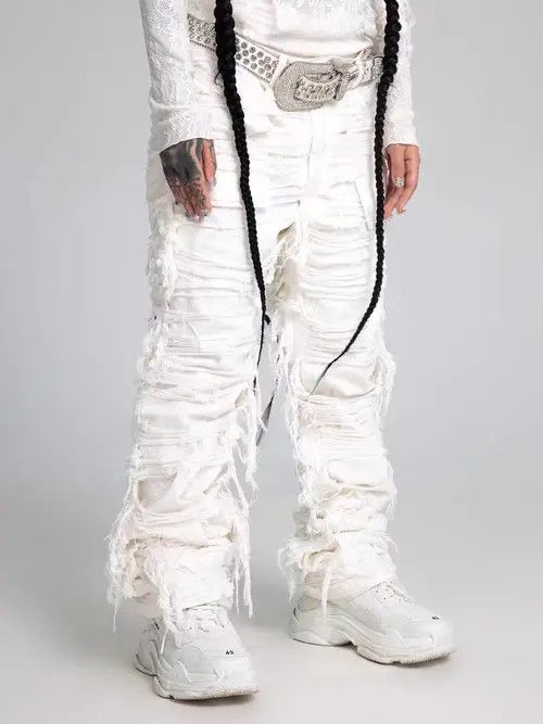 Jean Trendy lace multi-layer ruined heavy industry white jeans Size US 30 / EU 46 - 5 Thumbnail