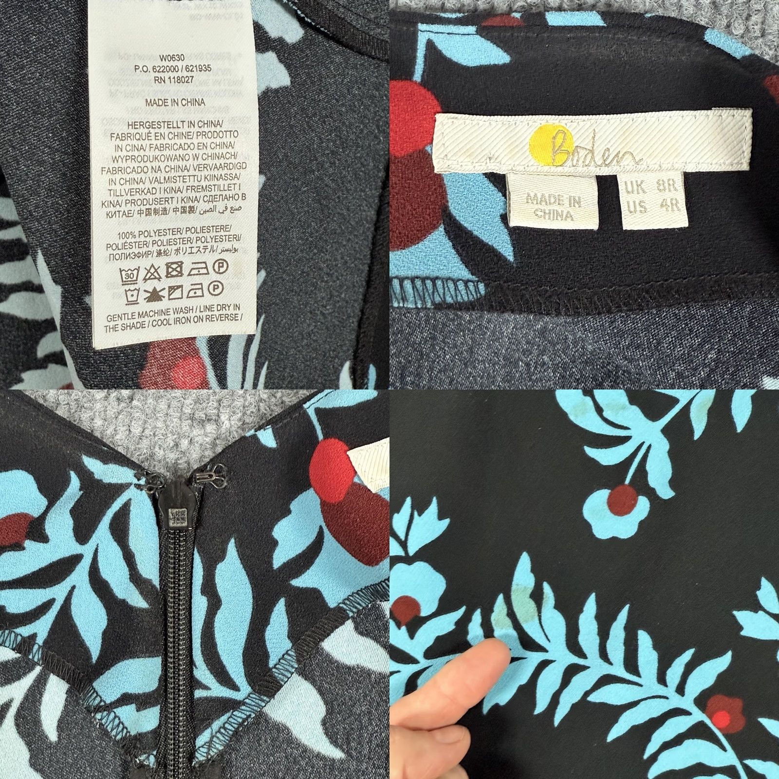 Boden Boden Dress Womens 4R Black Blue Floral Print Short Sleeve Fit Flare Zip Casual Polyester Dress Size 27" / US 4 / IT 40 - 8 Thumbnail
