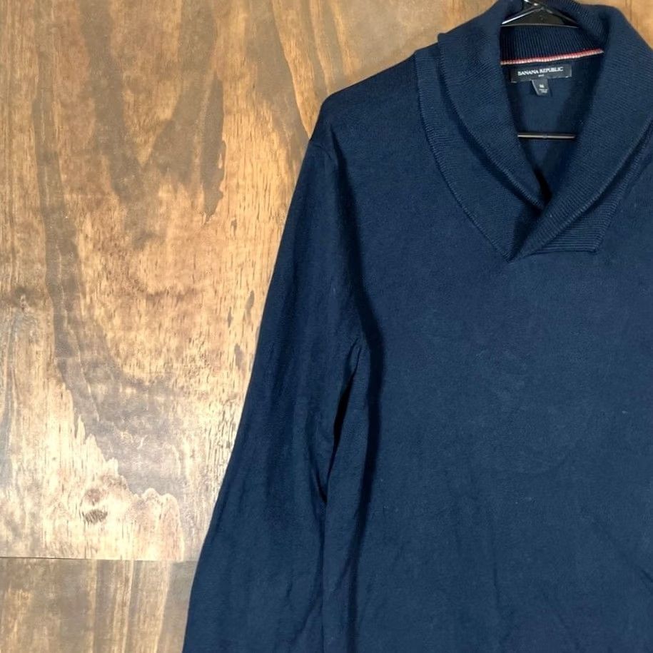 Banana Republic Banana Republic Sweater Navy Blue Knit Shawl Neck 100% Cotton Medium Mens Regular Knit Style Pullover Size US M / EU 48-50 / 2 - 4 Thumbnail