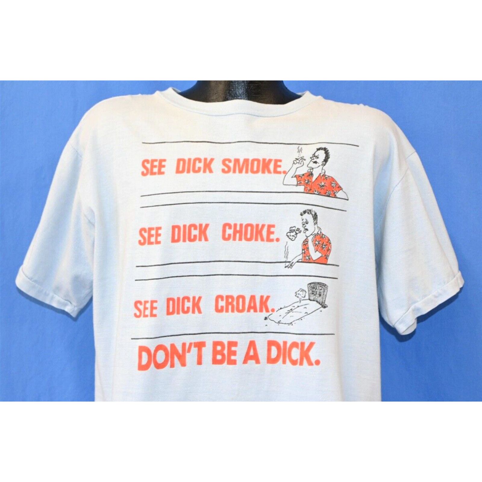 image of Vintage 80's See Dick Smoke Choke Croak Anti-Smoking Funny Cartoon T-Shirt XL in White, Men's