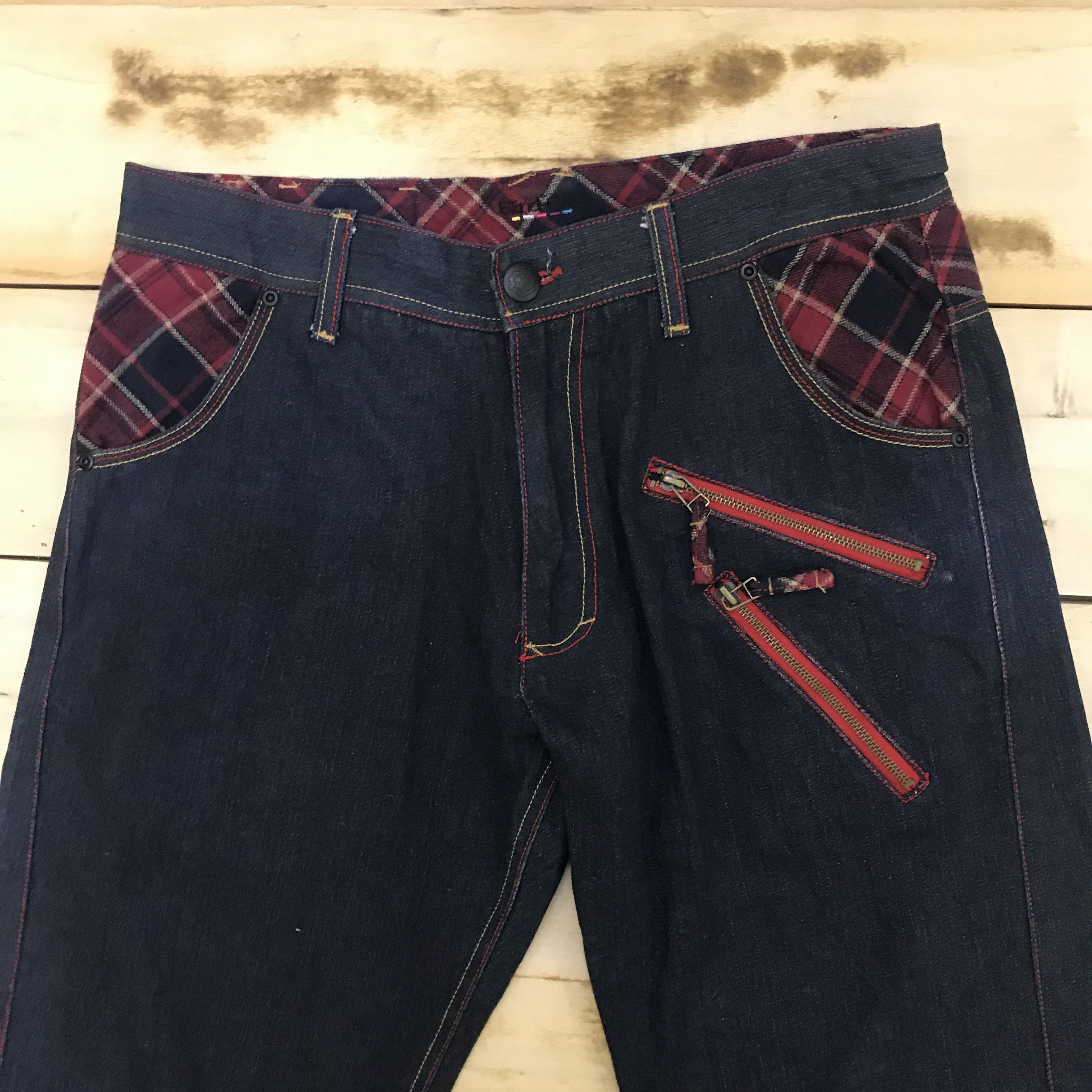 Japanese Brand X197 NEED GONE! BAGGY ZIPPER HYBRID TARTAN AND DENIM JEANS Size US 35 - 3 Thumbnail