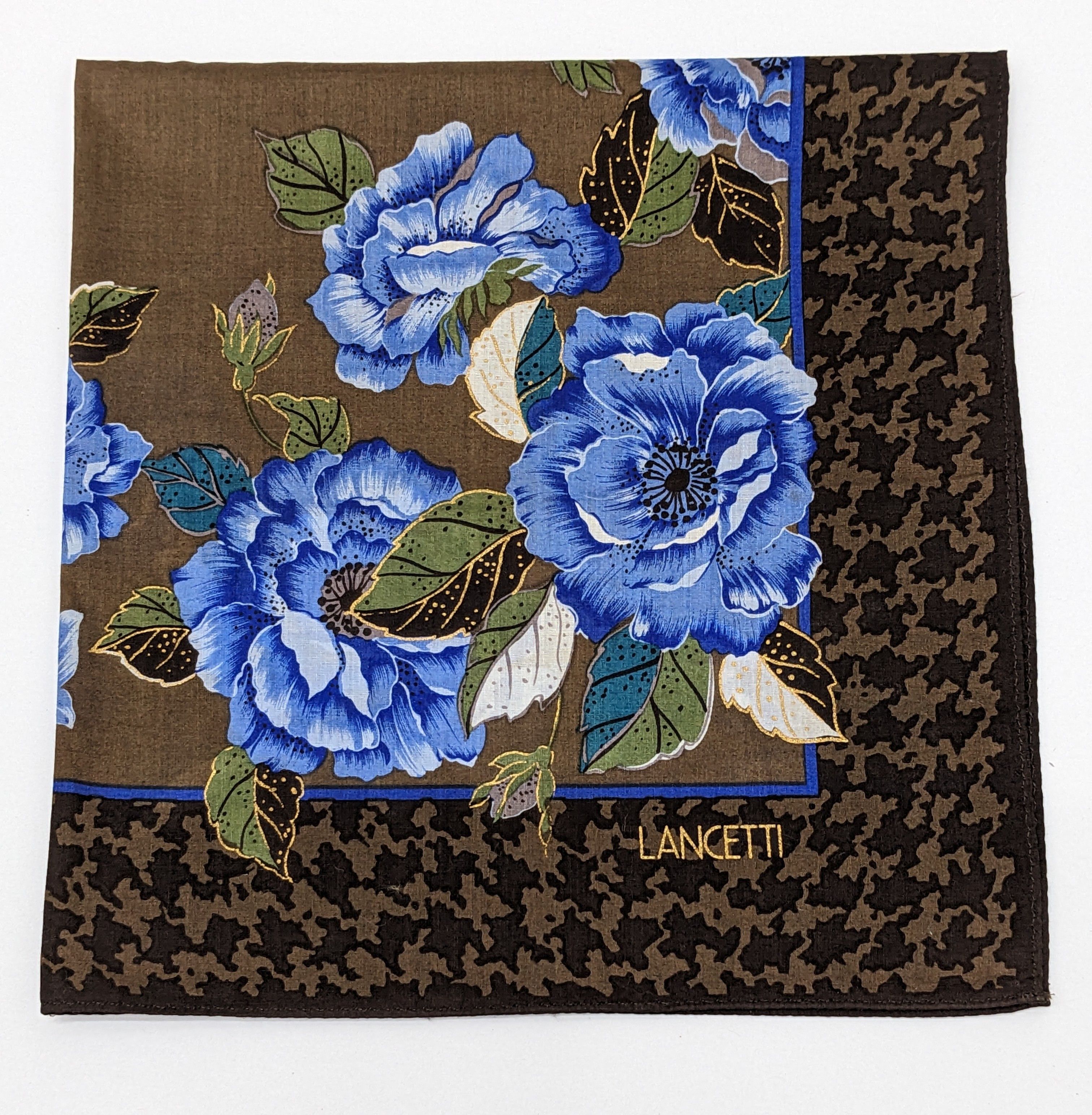 Lui di Lancetti Lancetti Italy Blue Floral & Houndstooth Border Handkerchief Size ONE SIZE - 1 Thumbnail