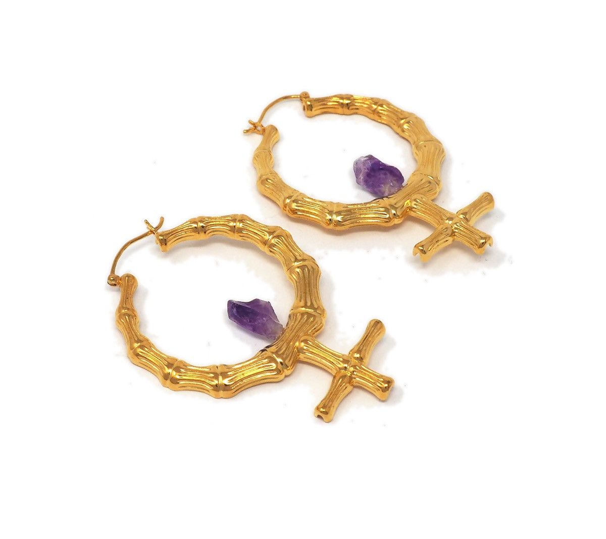 Other Venus Bamboo Gold & Amethyst Earrings Size ONE SIZE - 1 Thumbnail