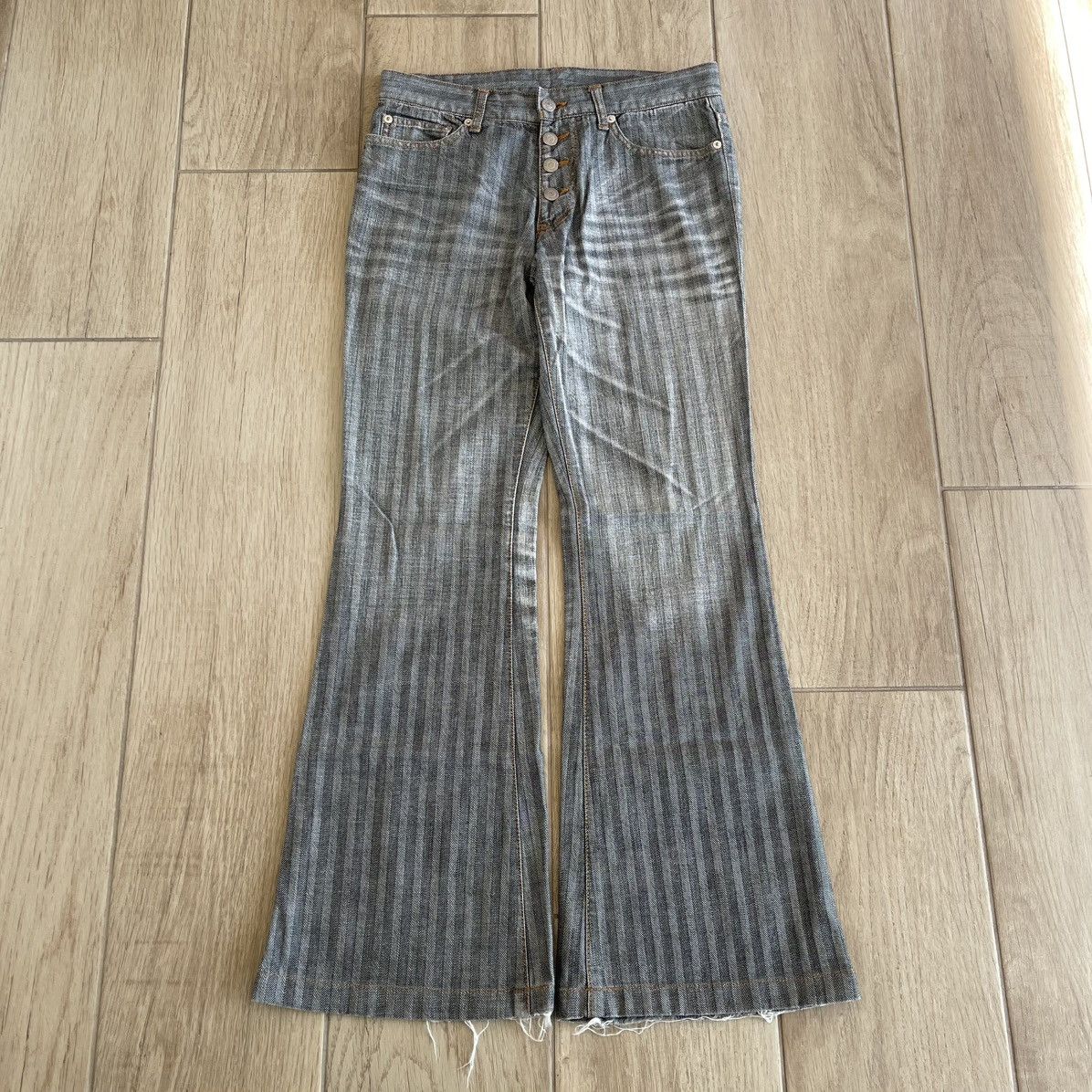 Herringbone Stripe Pattern Washed Whisker Flare Denim Jeans