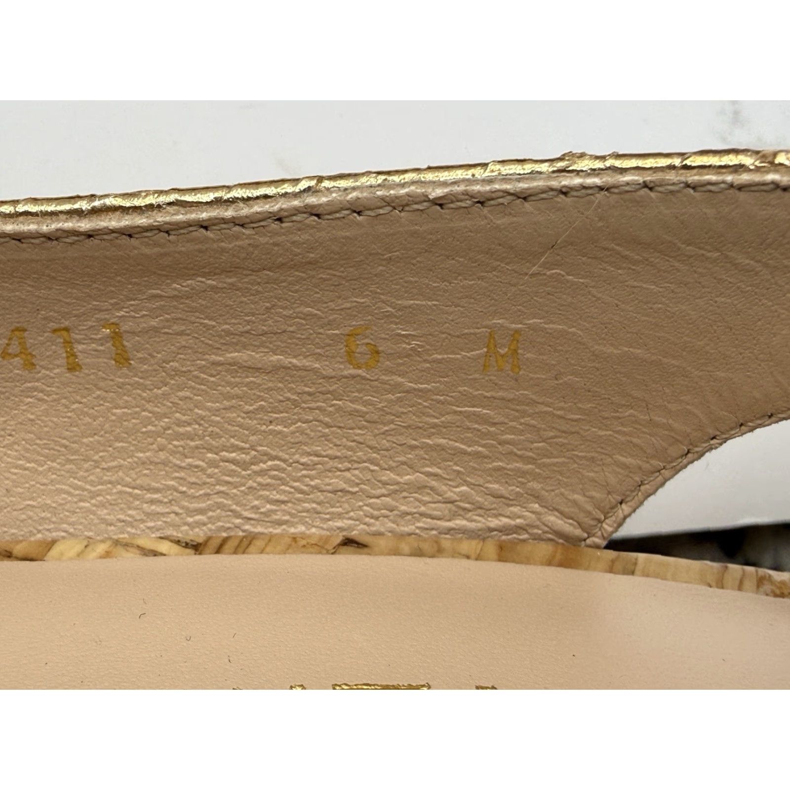 Stuart Weitzman STUART WEITZMAN Riveria Gold Python-Embossed Metallic Leather Cork Wedge 6 Size US 6 / IT 36 - 8 Thumbnail