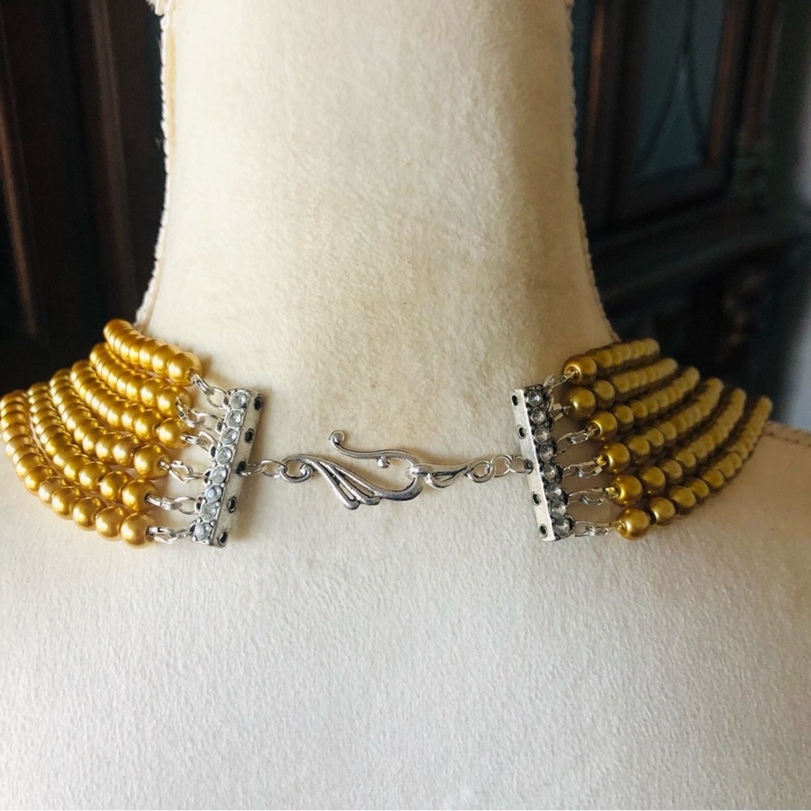 Handmade Handcrafted six strand golden Czech glass pearl necklace Size ONE SIZE - 7 Thumbnail